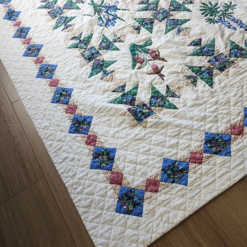 Vtg LL Bean Freeport Maine Botanical Block Applique Patchwork Quilt 62 X 80
